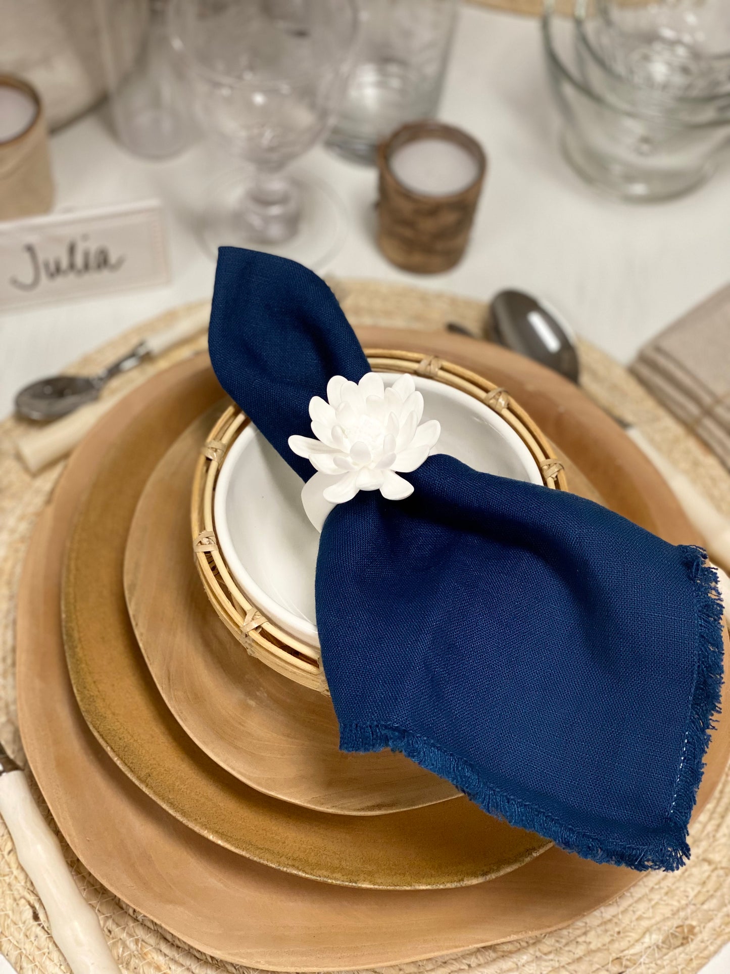 Set of Two Linen Napkins w/Fringe in White or Navy