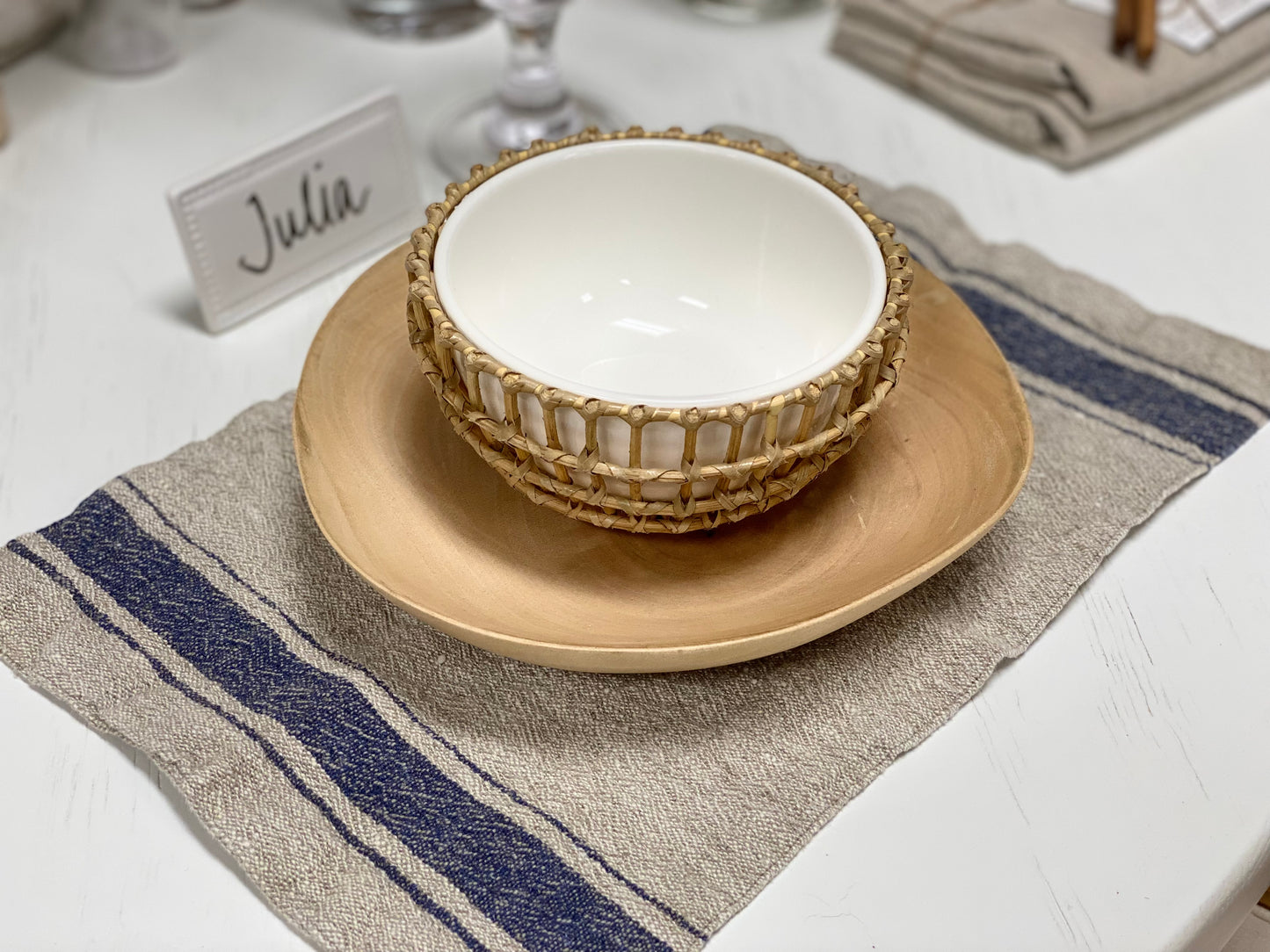 Petite Linen Placemat- Natural linen w/Blue Stripe