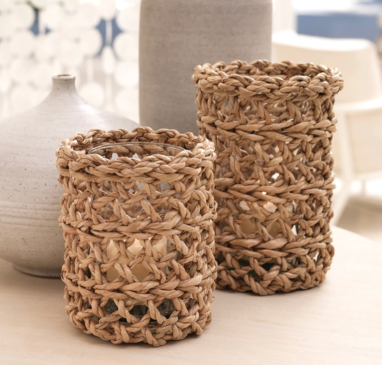 Seagrass open weave Hurricane w/glass in two sizes