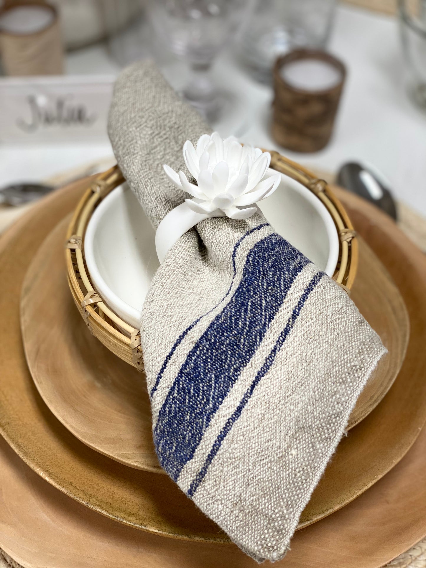 Set of Two Vintage Style Napkins w/Blue Stripe