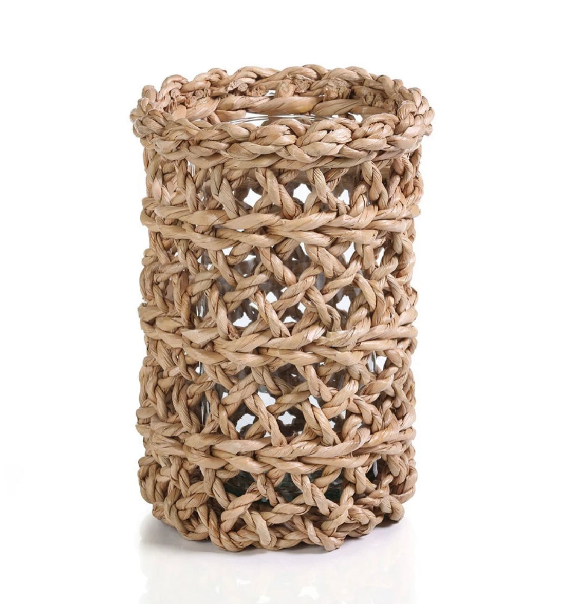 Seagrass open weave Hurricane w/glass in two sizes