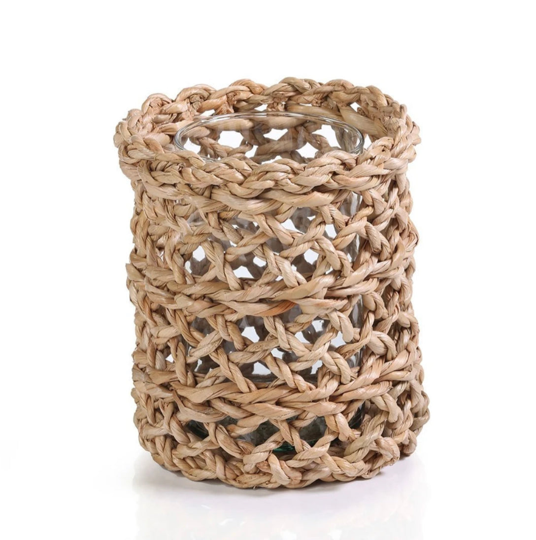 Seagrass open weave Hurricane w/glass in two sizes