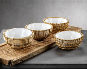 Wicker and Bamboo Condiment Bowls - set of 4