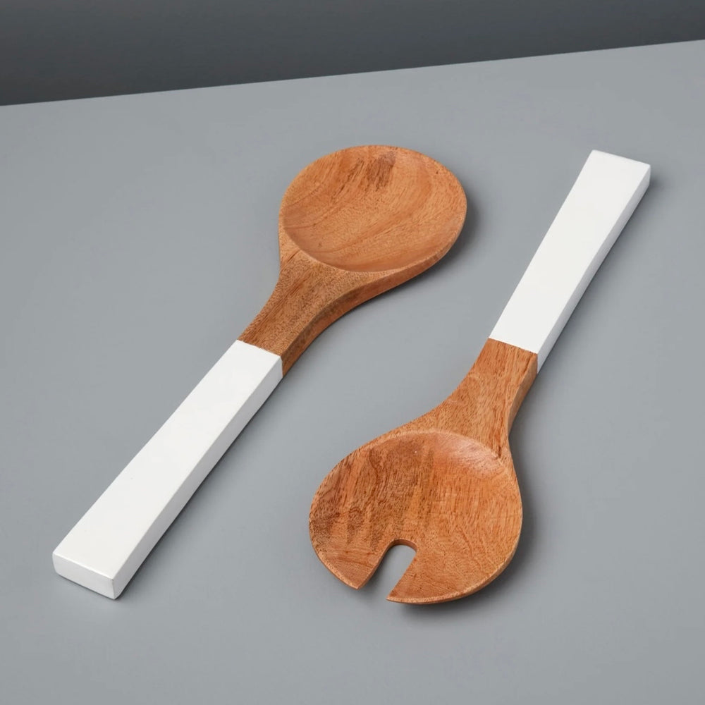 Large Mango Wood & Enamel Salad Serving Set