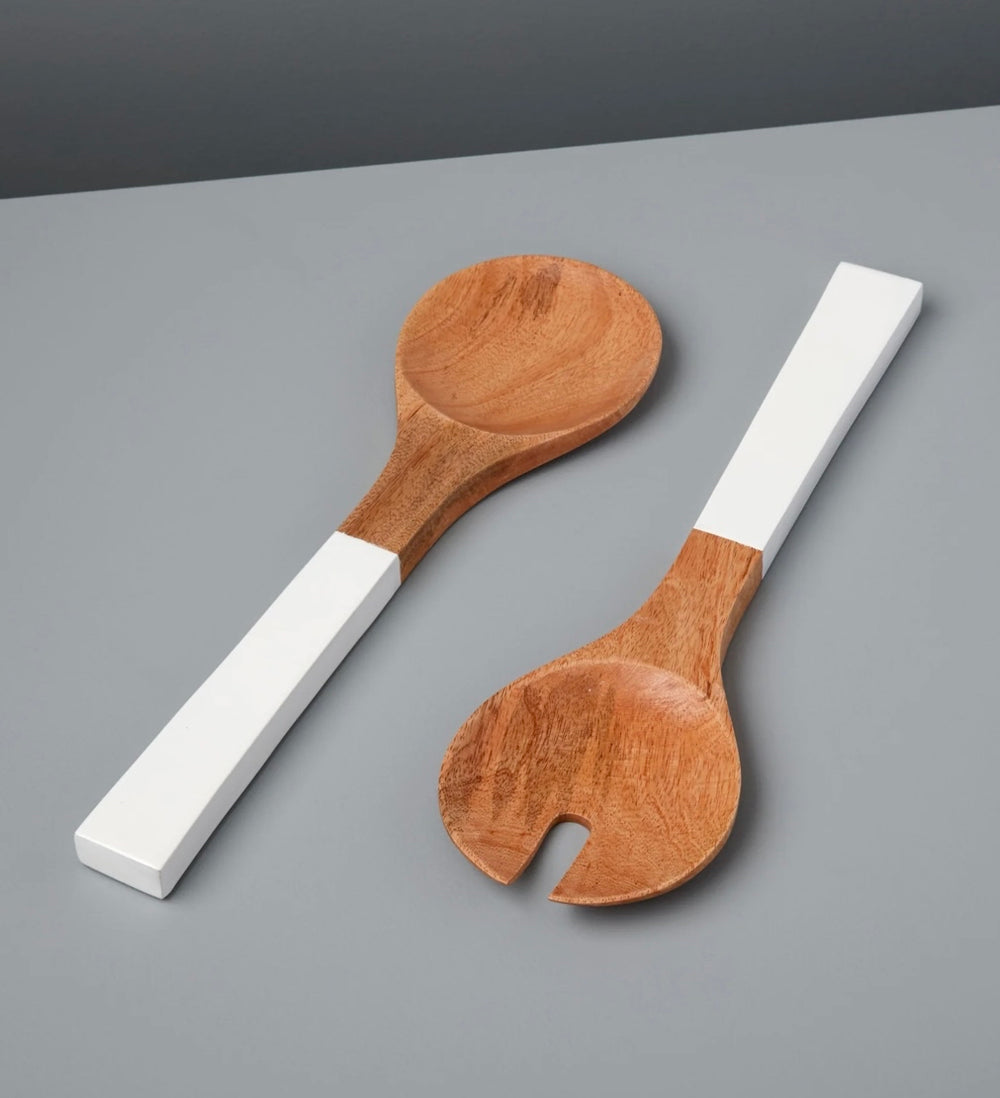 Large Mango Wood & Enamel Salad Serving Set