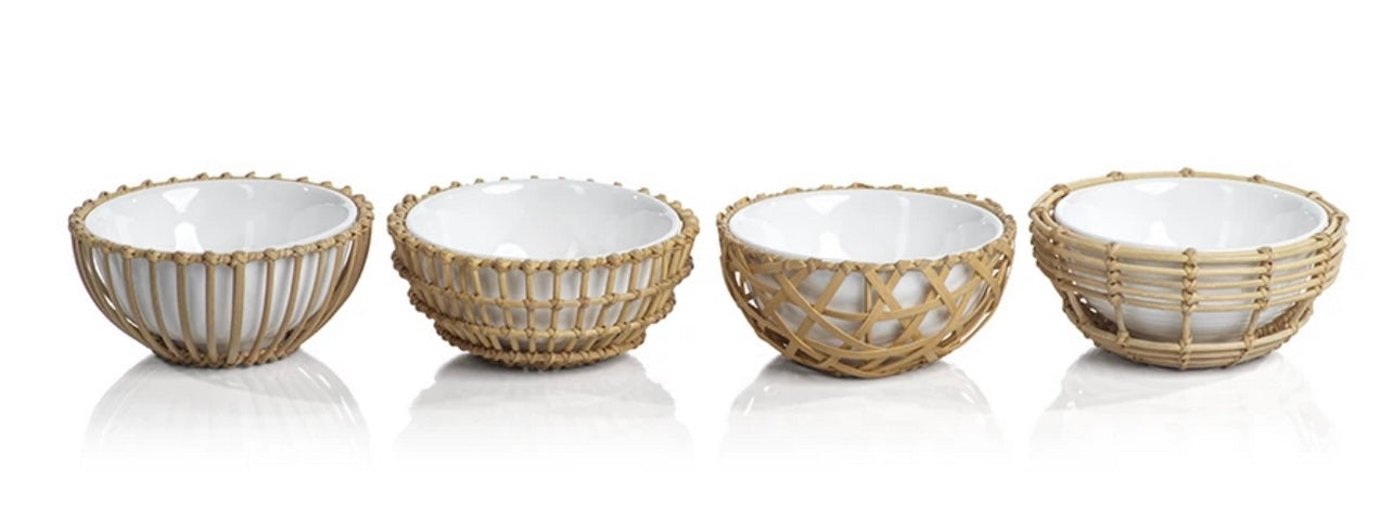 Wicker and Bamboo Condiment Bowls - set of 4