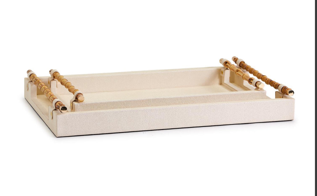 Cream Decorative Trays with Bamboo Handles in Two Sizes