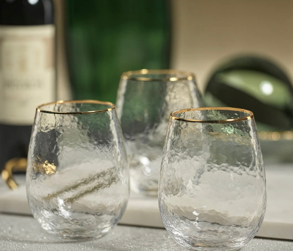 Hammered Stemless Glass w/Gold Rim