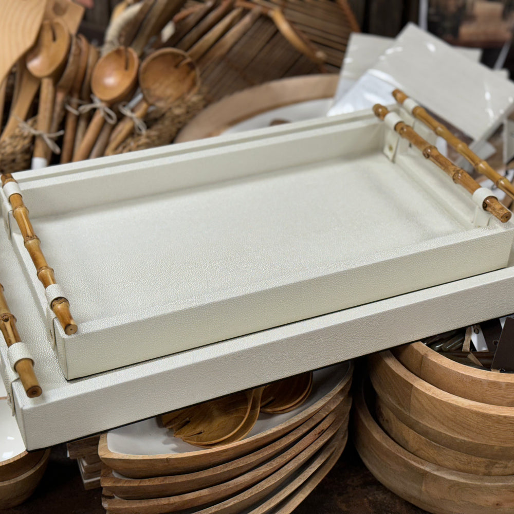 Cream Decorative Trays with Bamboo Handles in Two Sizes