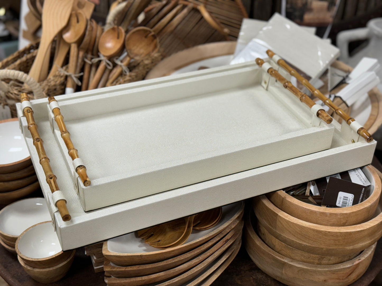 Cream Decorative Trays with Bamboo Handles in Two Sizes