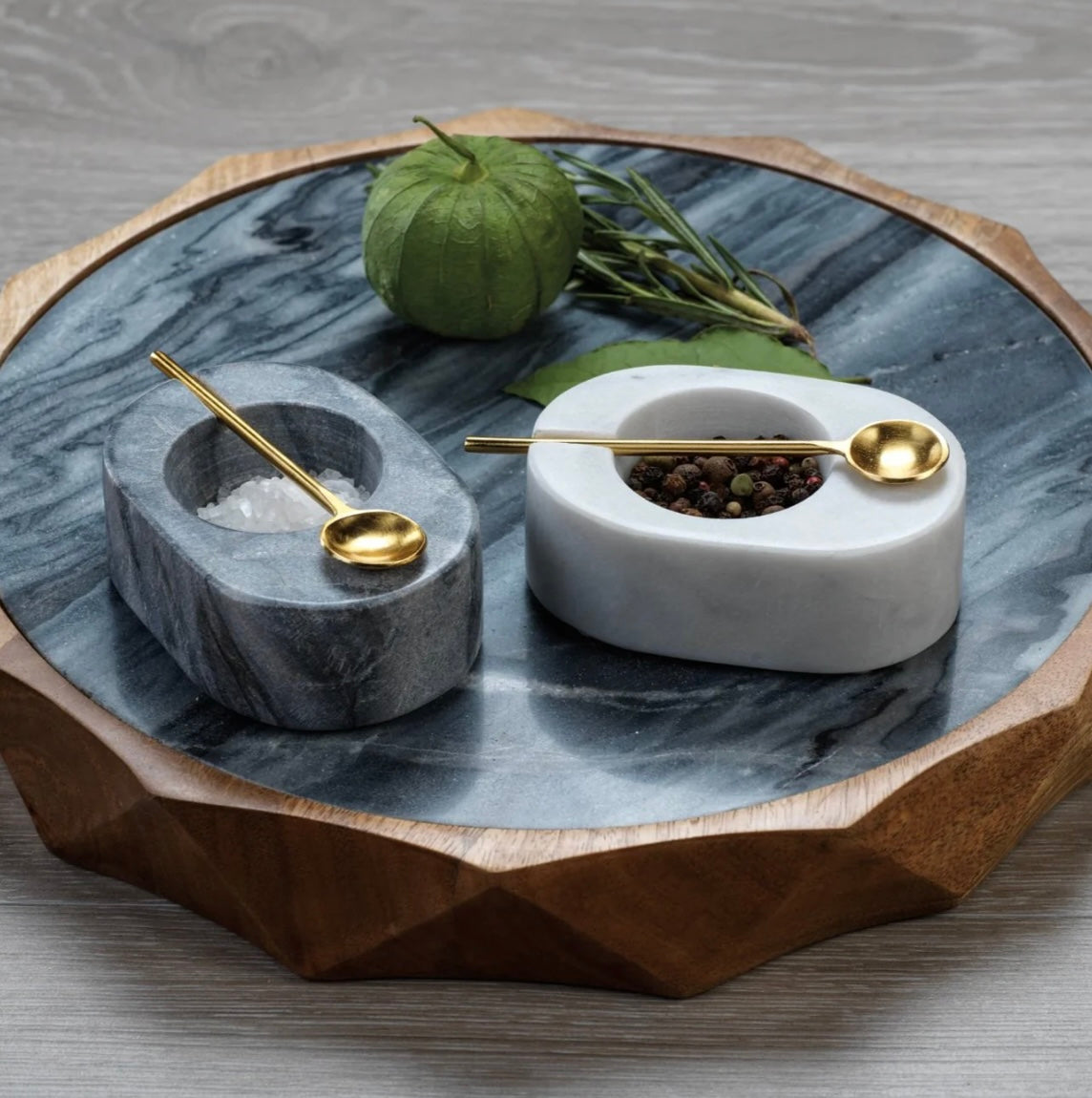 Tuscan Marble Salt and Pepper Bowl with Gold Spoon - Charcoal
