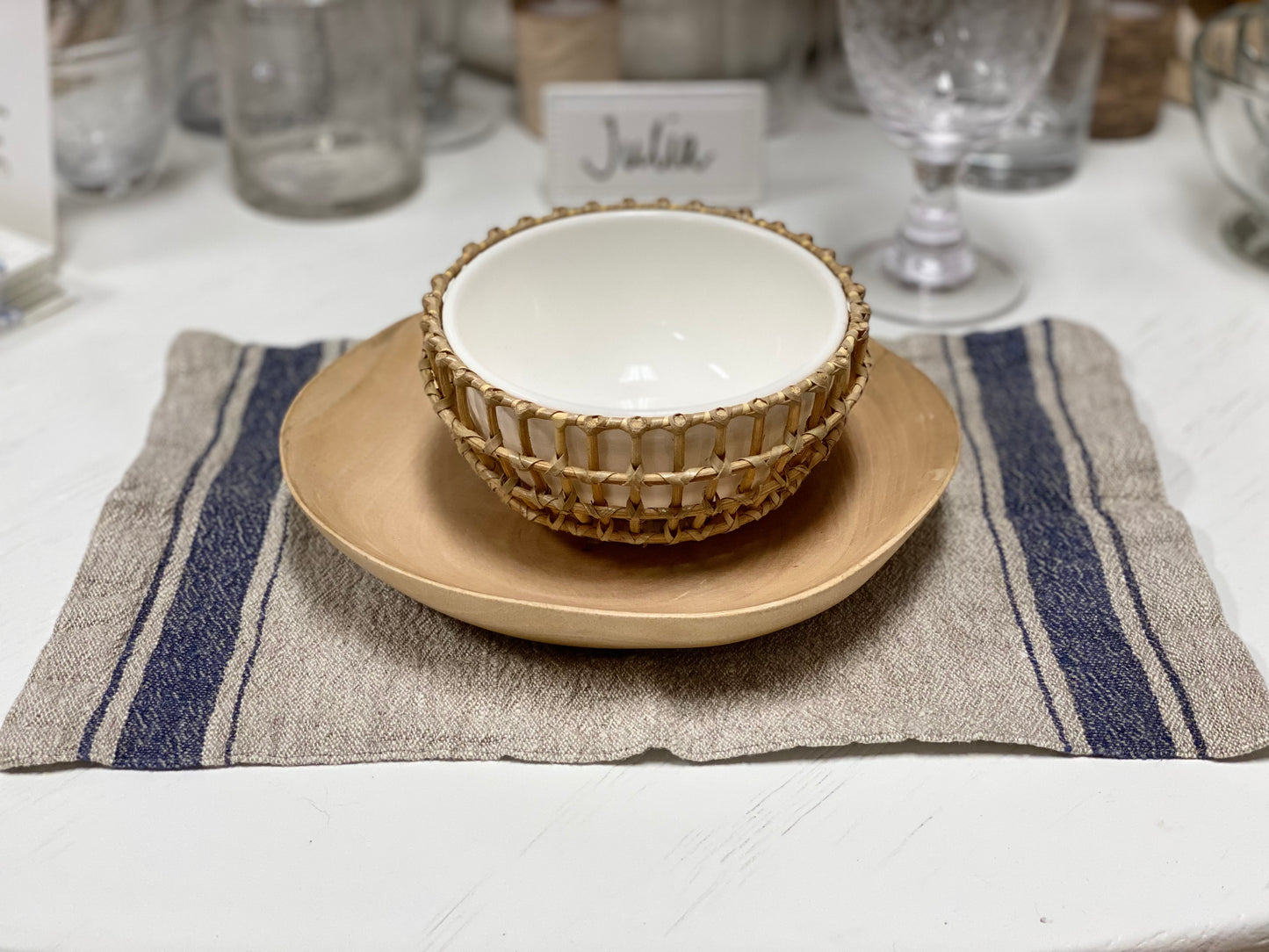 Petite Linen Placemat- Natural linen w/Blue Stripe