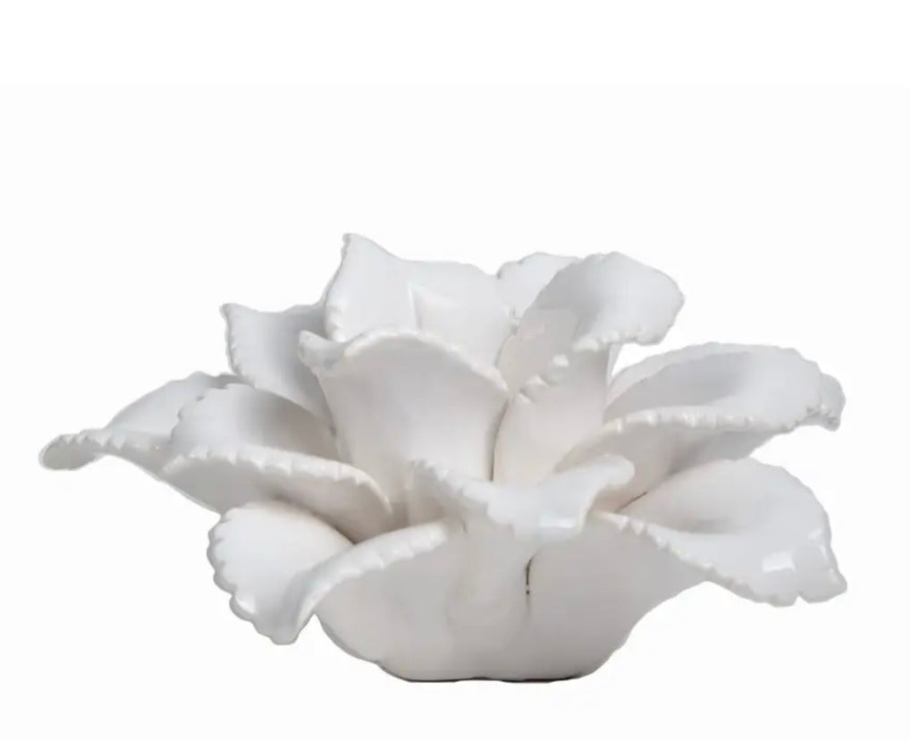 White Ceramic Taper Holder ~ Leaf Design