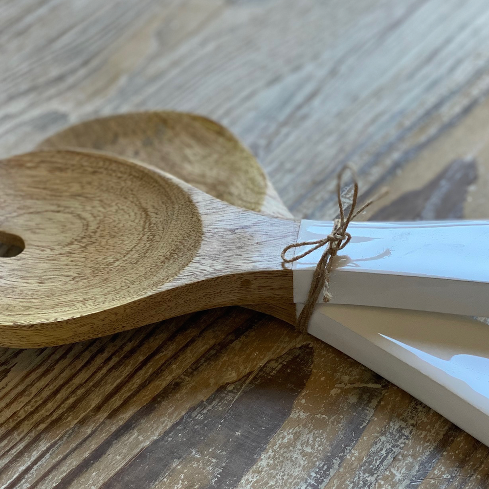 Wood and Enamel Salad Servers