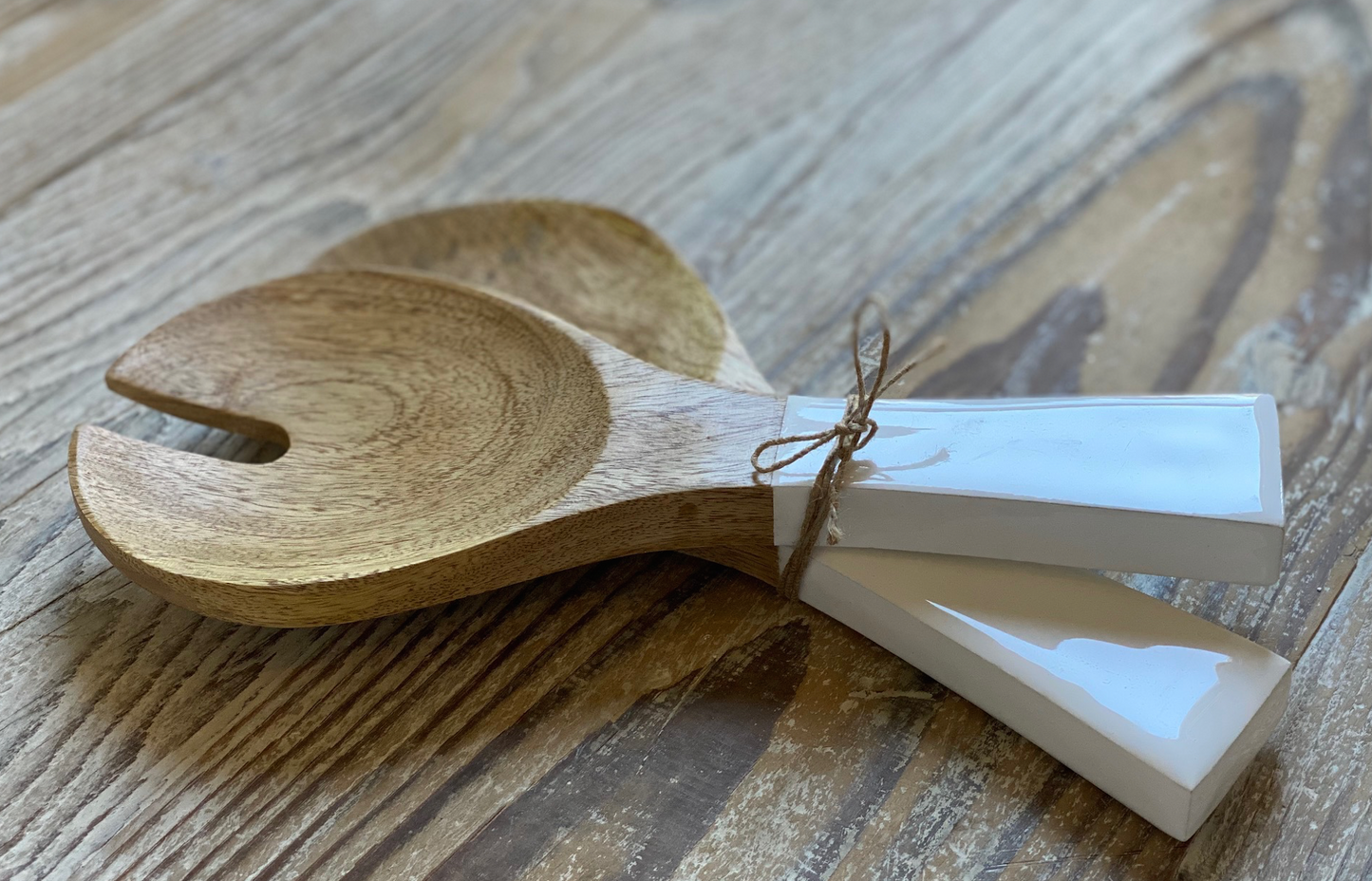 Wood and Enamel Salad Servers