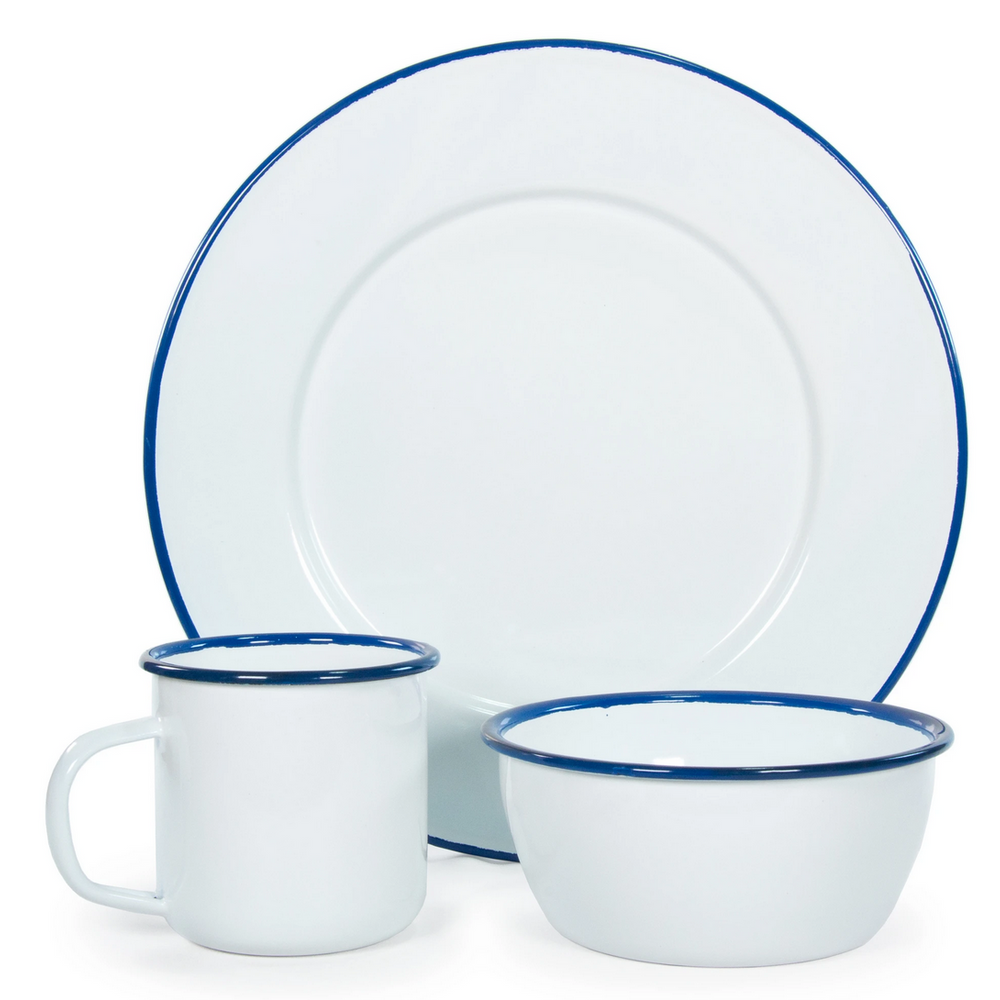 
                      
                        White with Blue Enamelware for Anywhere!
                      
                    