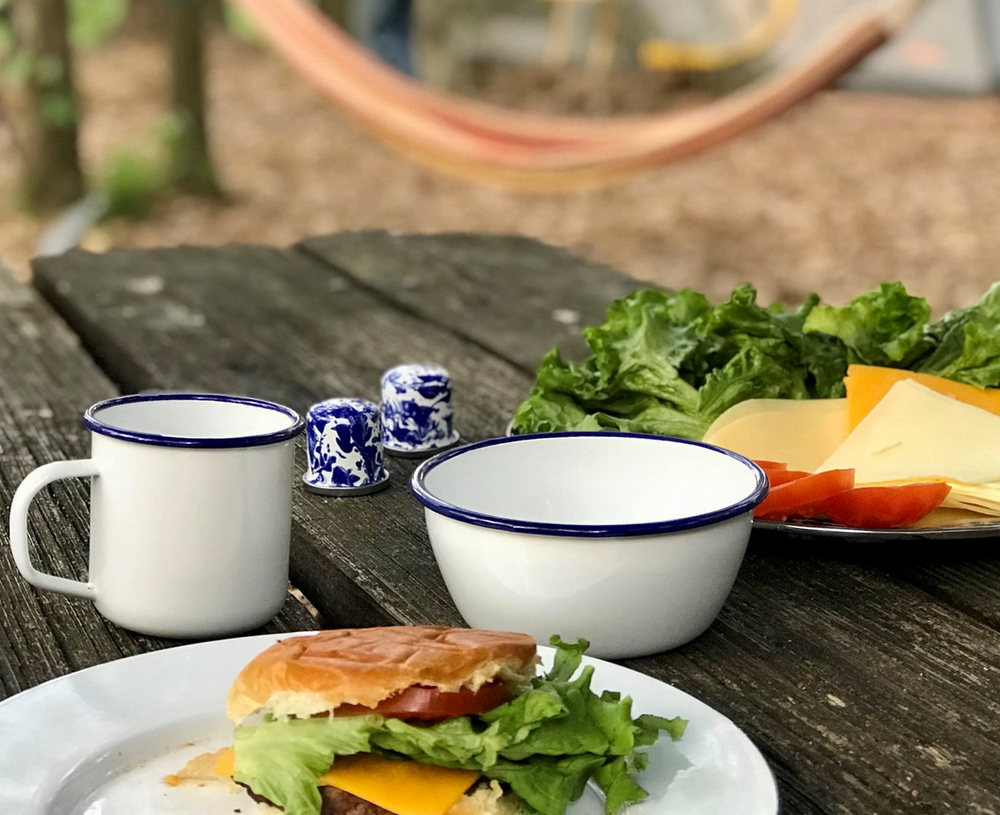 
                      
                        White with Blue Enamelware for Anywhere!
                      
                    