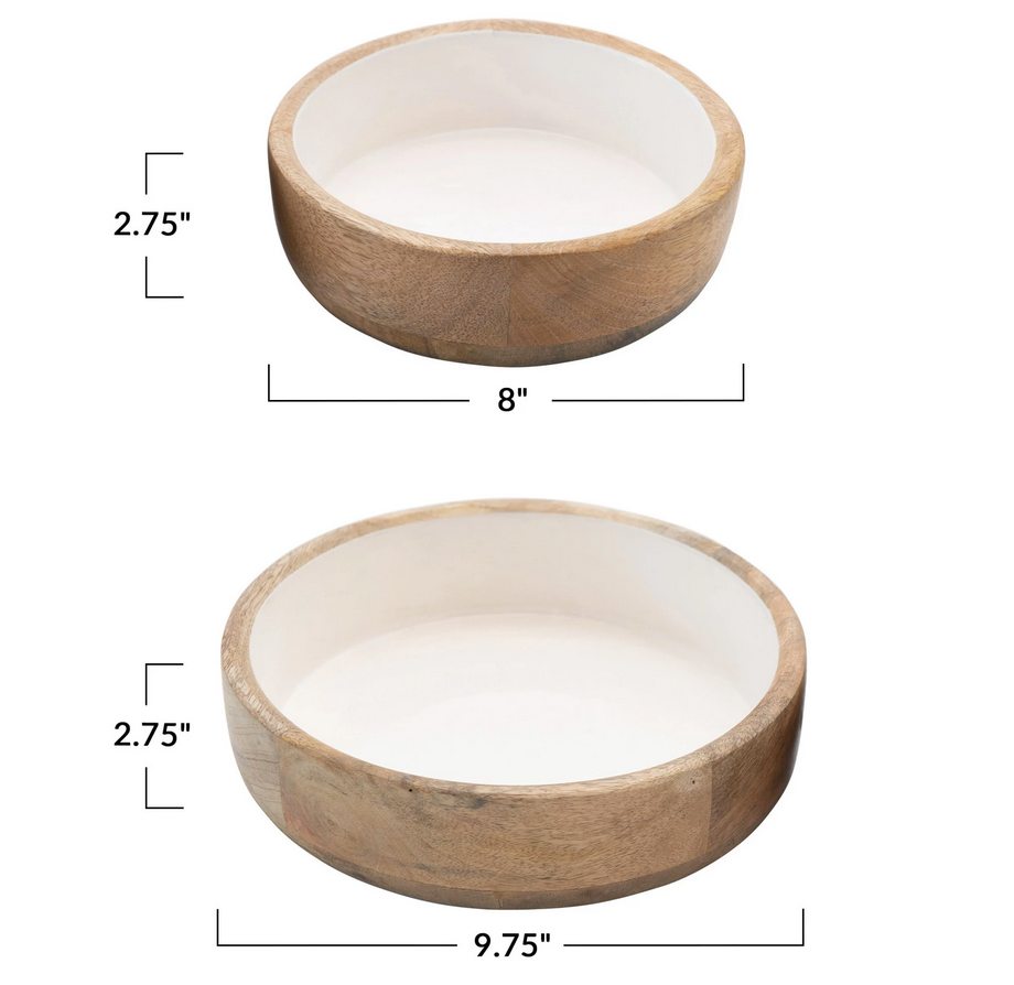 Mango Wood Bowls with Enamel Interior, Set of 2