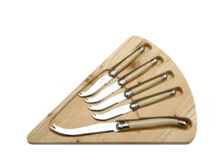 Jean Dubost Cheese Set with 5 Ivory Cheese Knives & Cheese Board