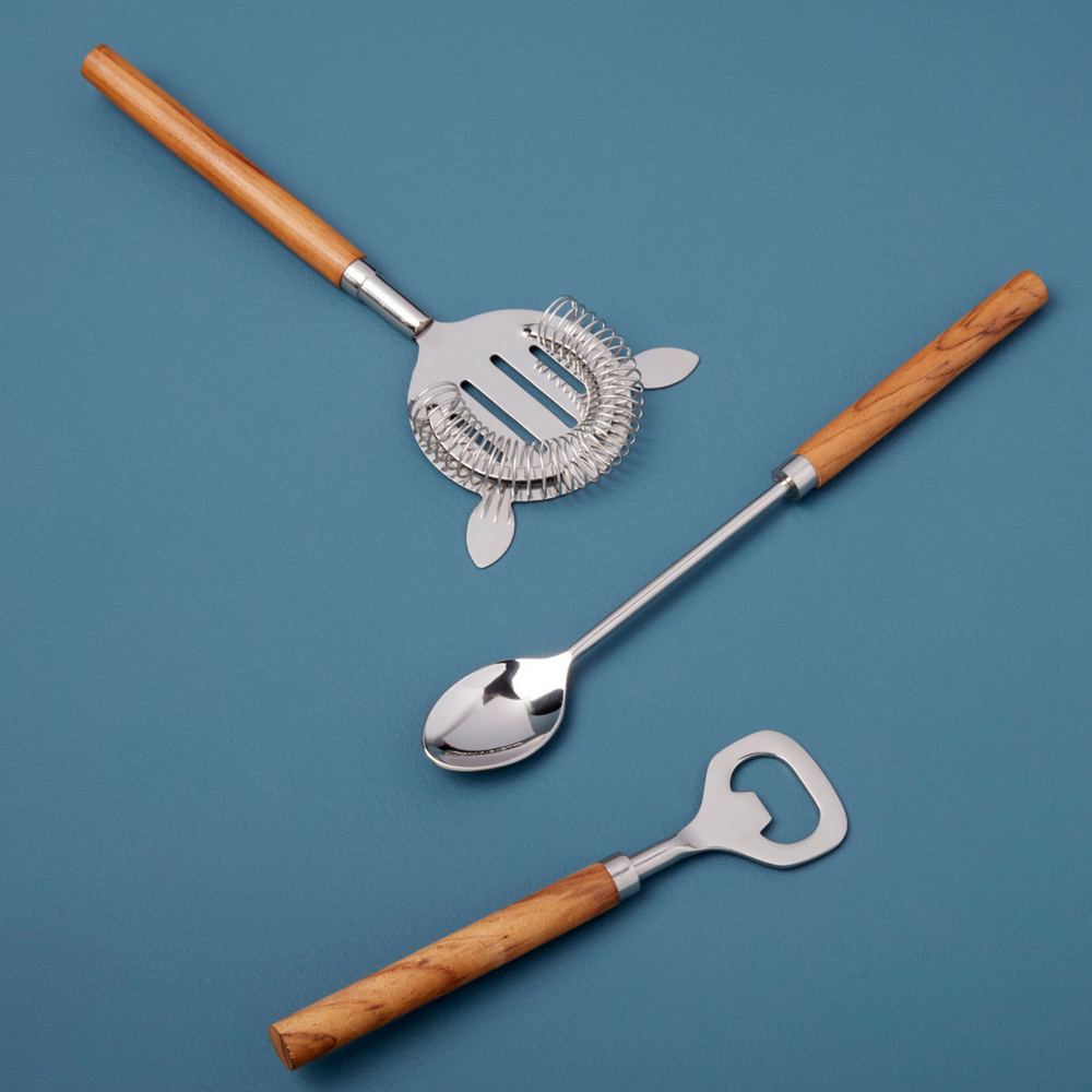 Teak and Stainless 3 Piece Bar Set in Gift Box