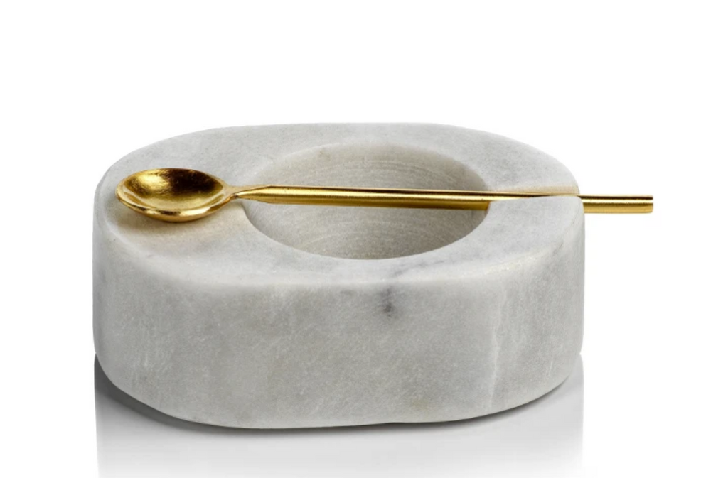 Tuscan Marble Salt and Pepper Bowl with Gold Spoon - White