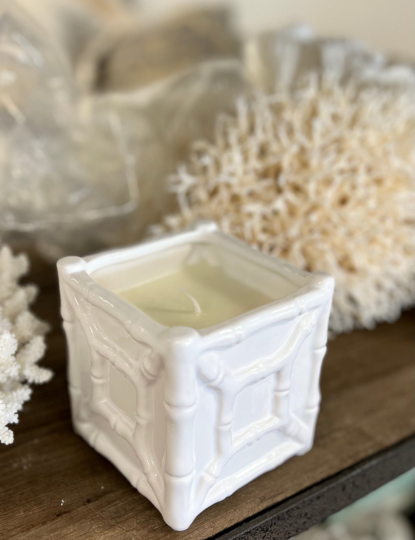 White Faux Bamboo Ceramic Candle