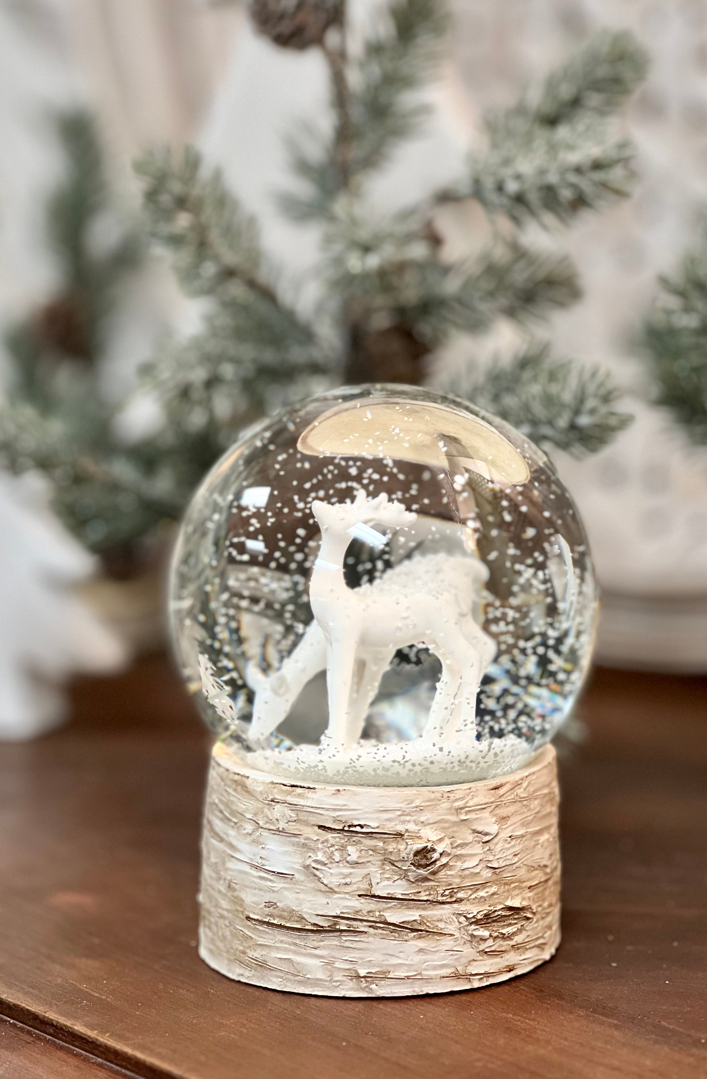 Holiday Snow Globe on Birch w/Reindeer