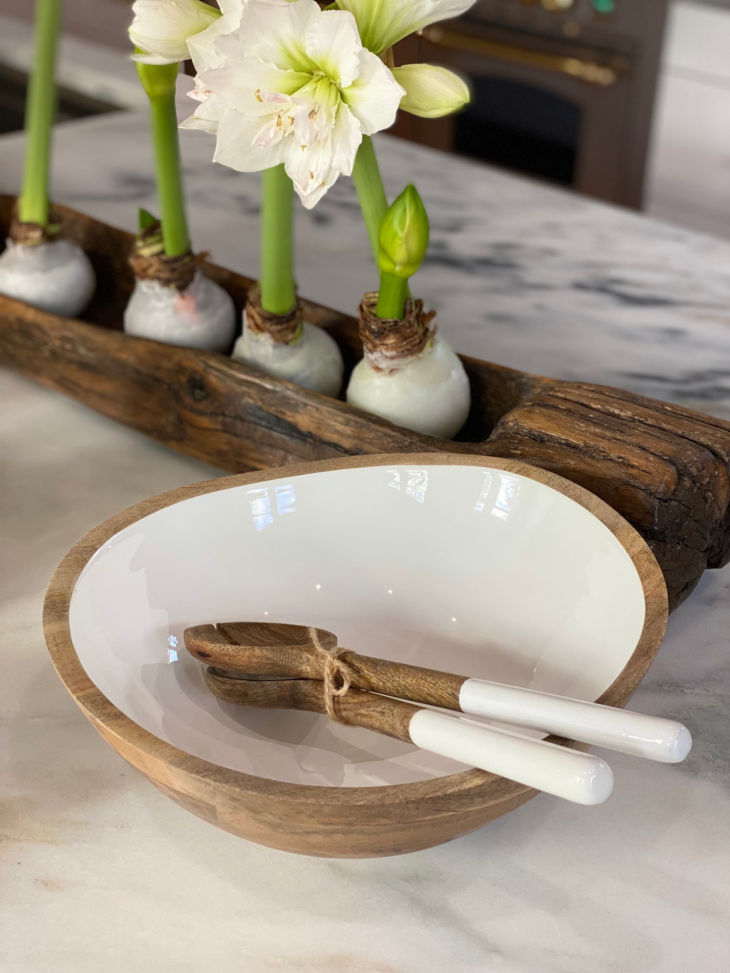 Mango Wood with White Enamel Salad Servers