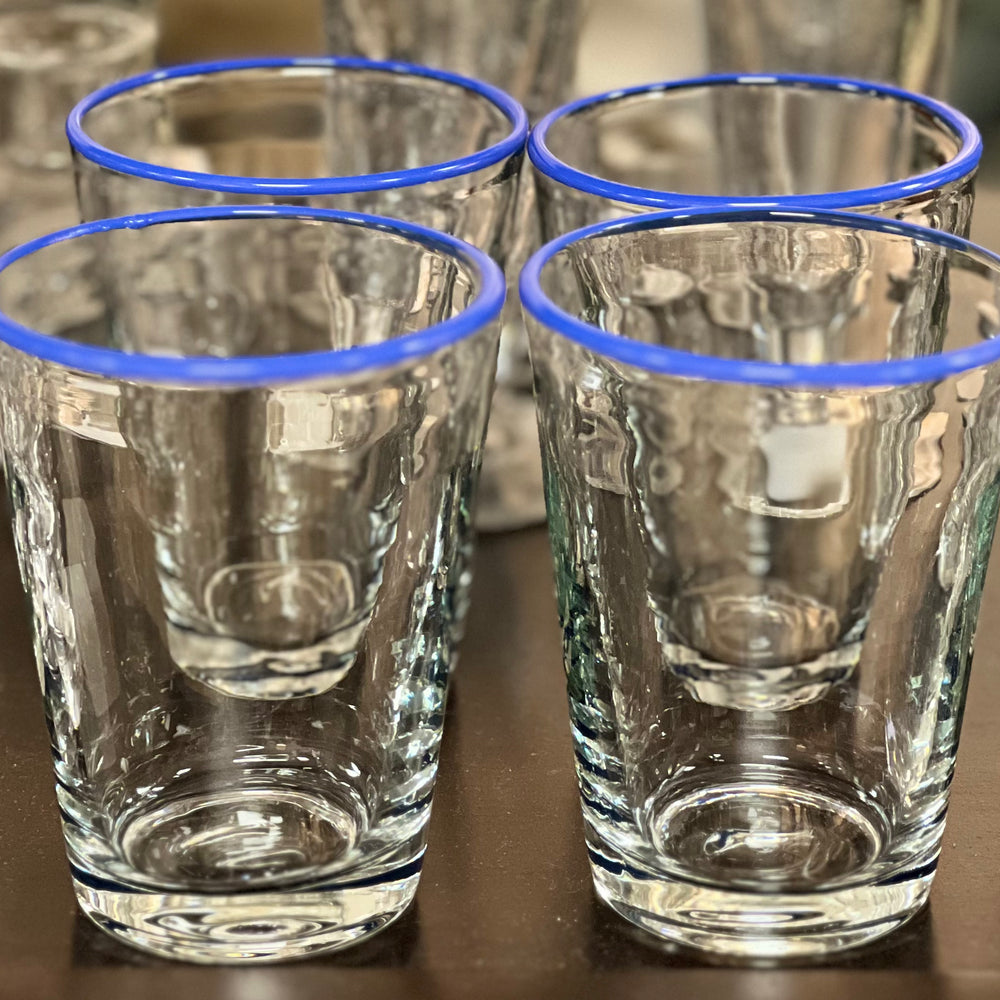 Hand Blown Glassware with Accent Blue Rim ~ set of 4