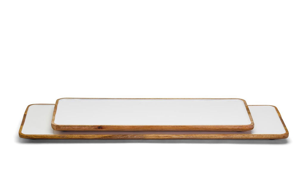 Grazing Soiree Set of 2 Long Rectangular Serving Board Platters with White Enamel