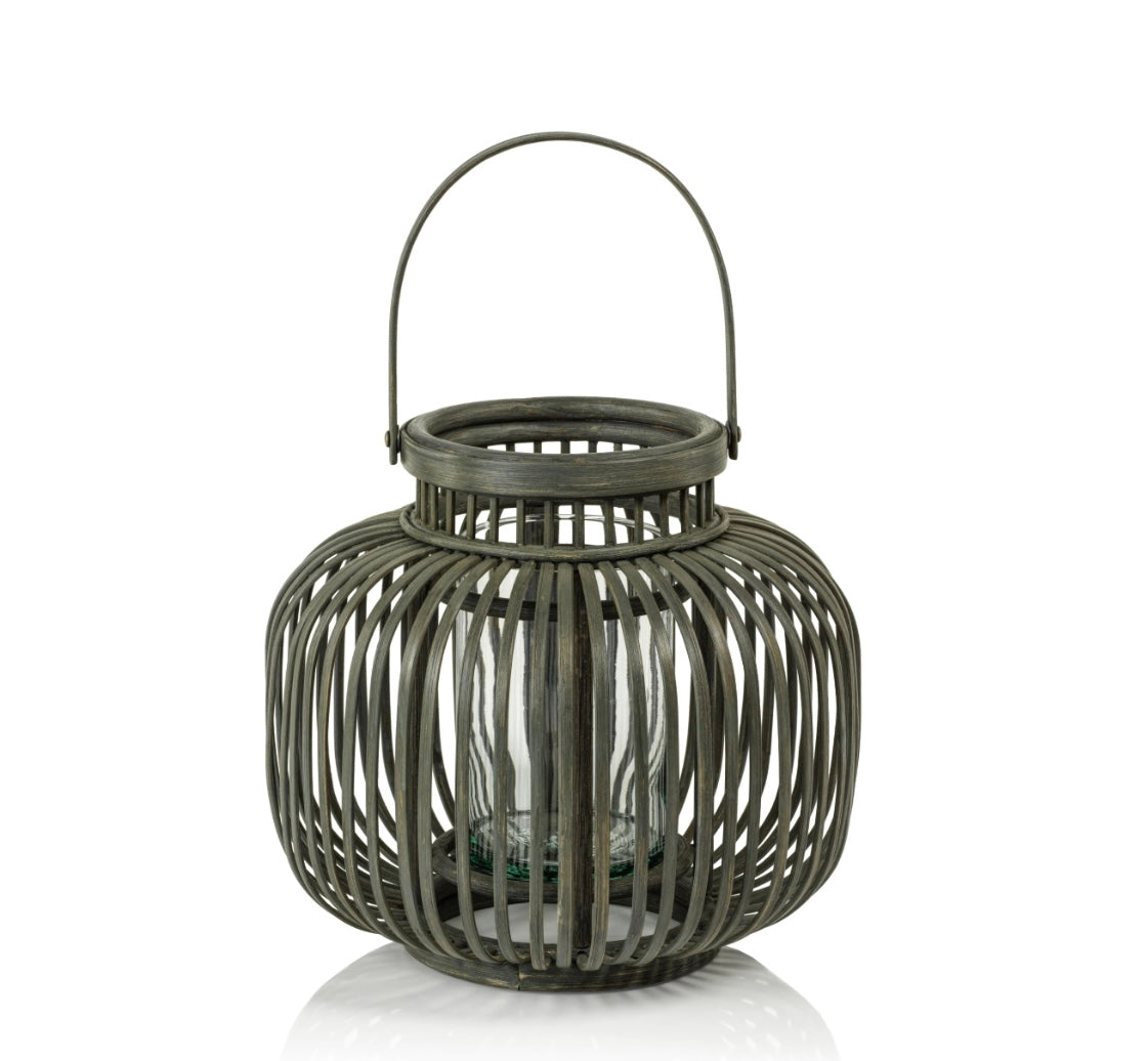 Gray Bamboo Lantern with glass insert ~ 2 sizes available