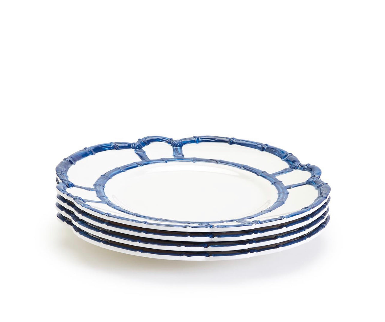 Blue Bamboo Set of 4 Dinner Plates with Bamboo Rim