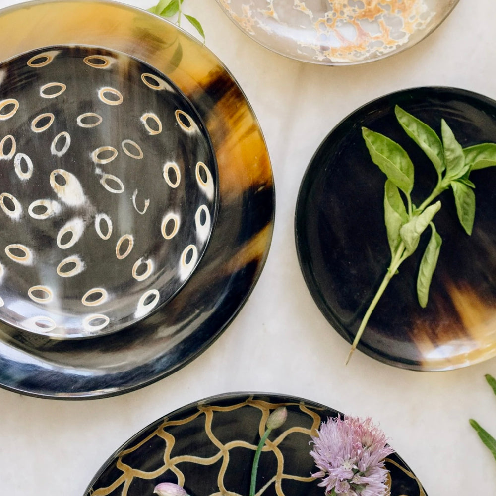 Horn Peacock Pattern Dessert Plate ~ Hand Painted