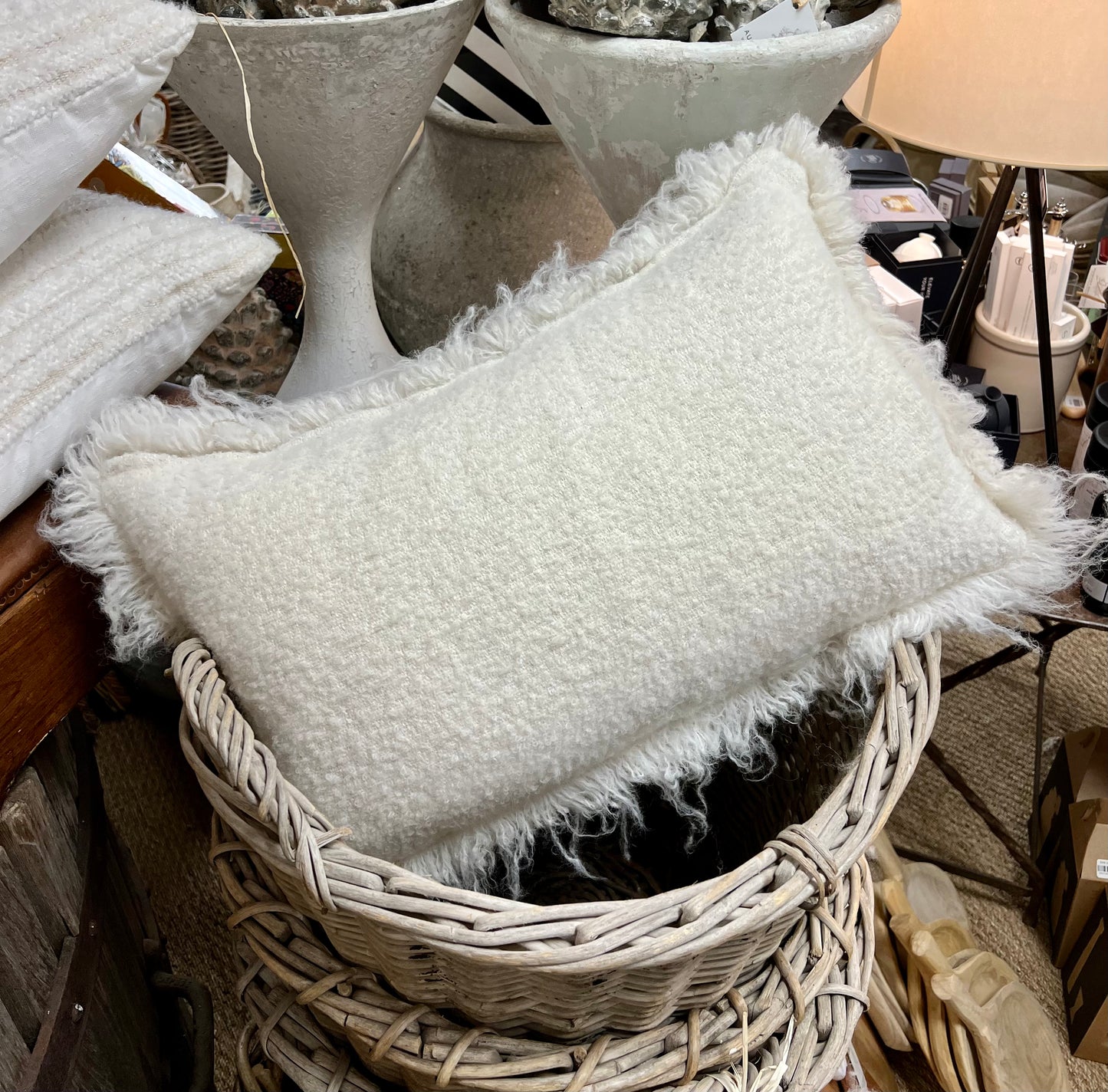 Winter White hand woven with fringe throw pillow