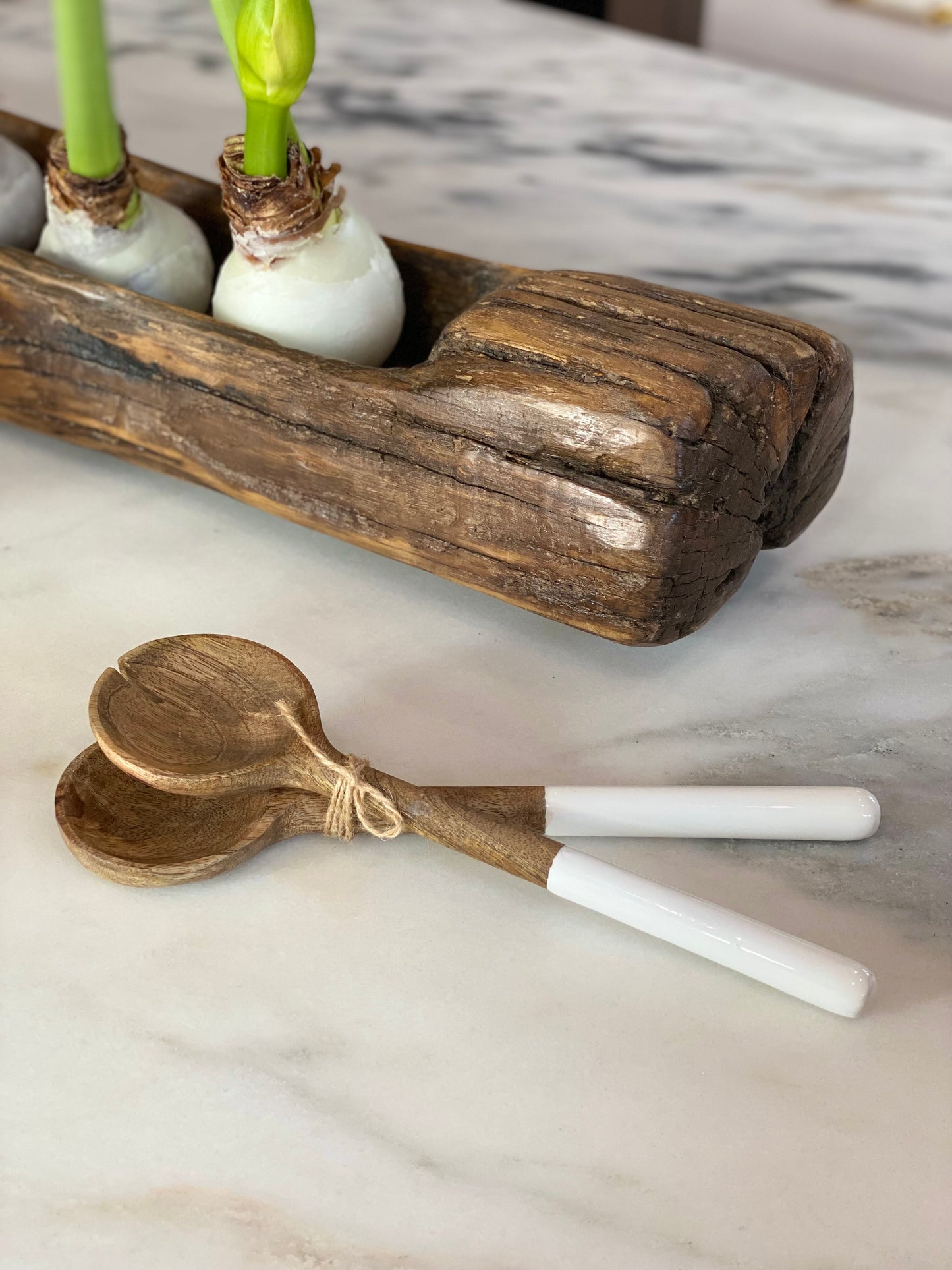 Mango Wood with White Enamel Salad Servers