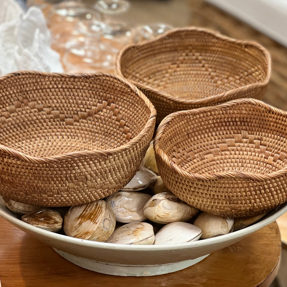 Wavy Edge Hand Woven Rattan Bowls ~ Set of 3