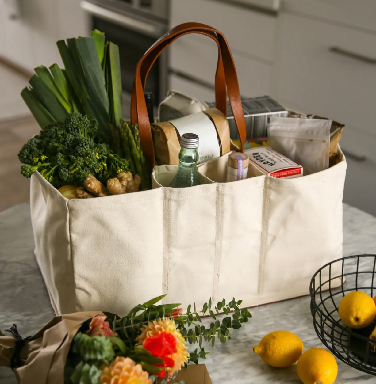 Vegan Leather & Natural Canvas Grocery Tote