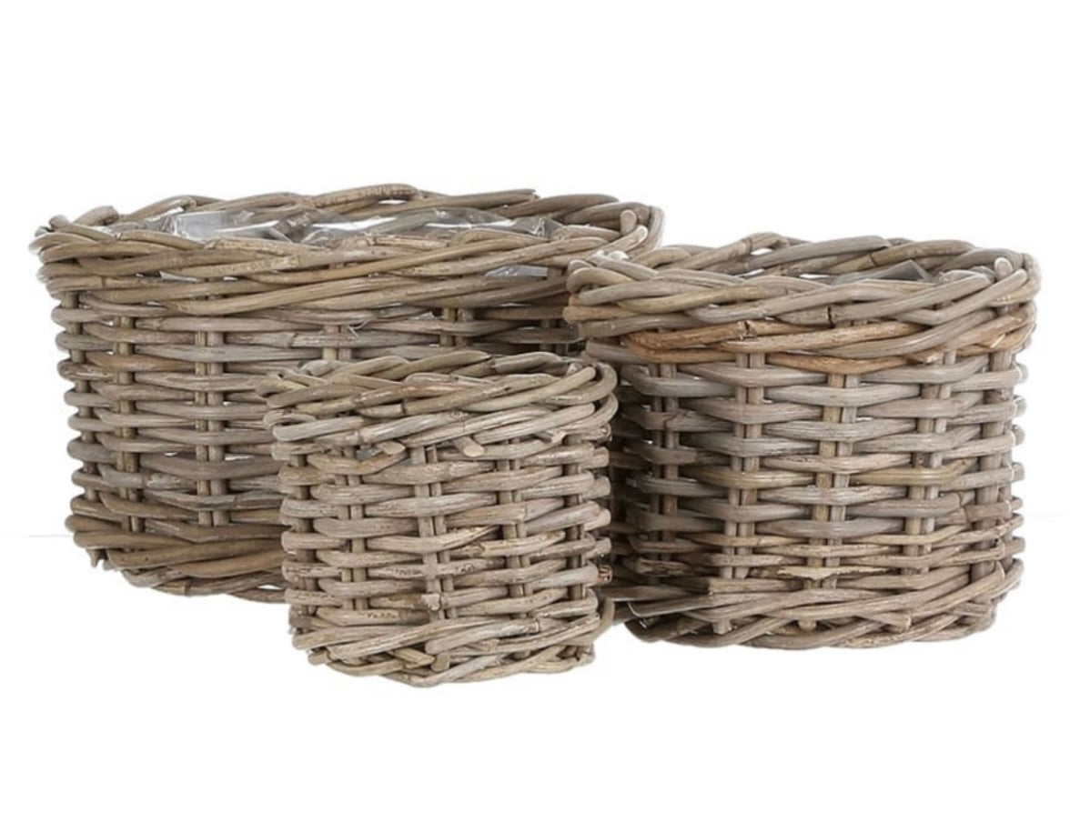 Round Grey Rattan Baskets ~ set of 3